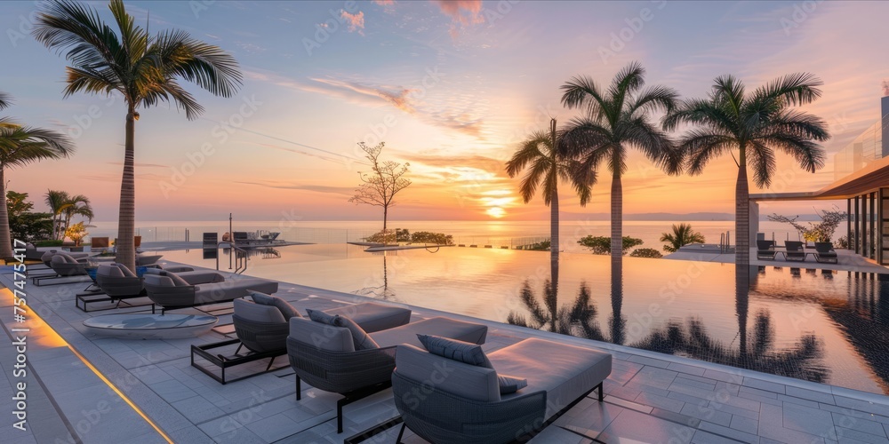 Luxury poolside lounge area at sunset with palm trees.