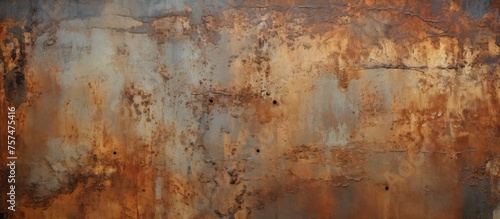 A detailed image of a weathered brown rusty metal surface resembling the natural landscape of a hardwood flooring pattern, with hints of wood stain and grass © AkuAku