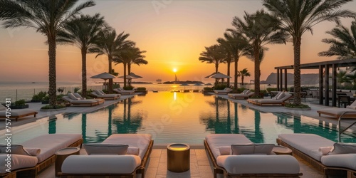 Luxury poolside lounge area at sunset with palm trees. © ParinApril