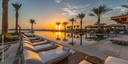 Luxury poolside lounge area at sunset with palm trees.