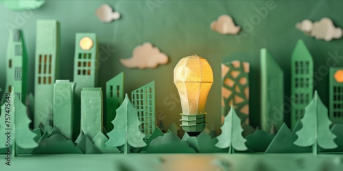 Paper art of light bulb and green city concept on green background.
