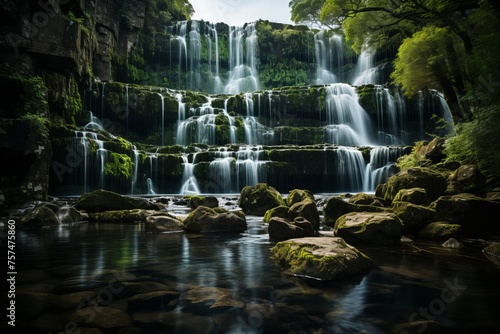 Waterfall nestled among trees and rocks in a lush forest setting © JackDong