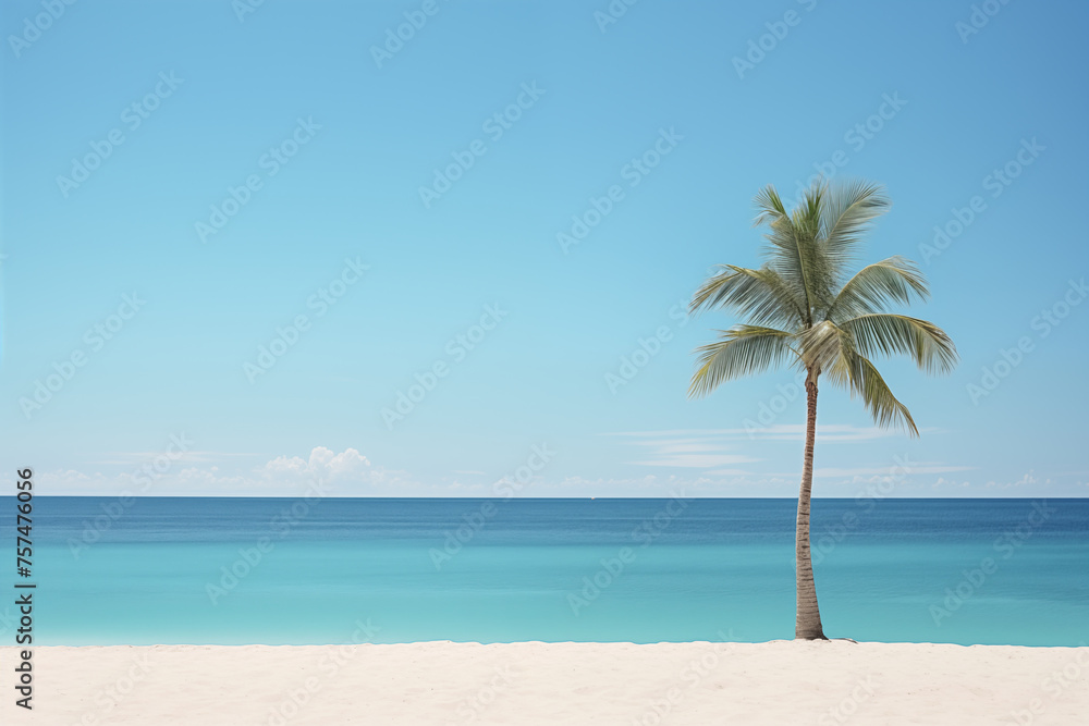 Palm tree on the tropical sand shore by the ocean