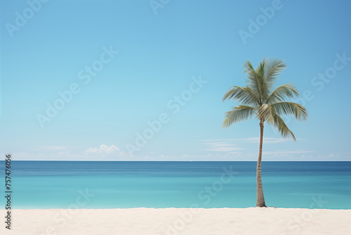Palm tree on the tropical sand shore by the ocean