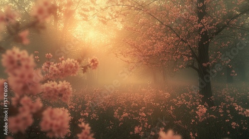 A forest with a tree in the middle and a lot of pink flowers