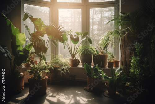House plants in the morning sunlight by a window in a city apartment