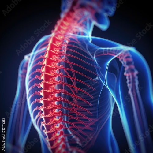 A man's spine is shown in red and blue. The spine is bent and twisted, and the red color indicates pain or discomfort. The blue color gives a sense of depth and realism to the image
