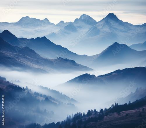 Early morning mist in the mountains and wilderness forest