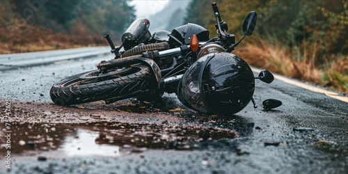 Wrecked motorcycle and helmet on a desolate road