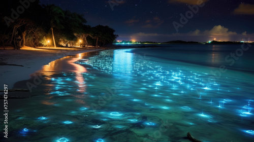 Bioluminescent plankton in the warm waters on the shore of the beach at night