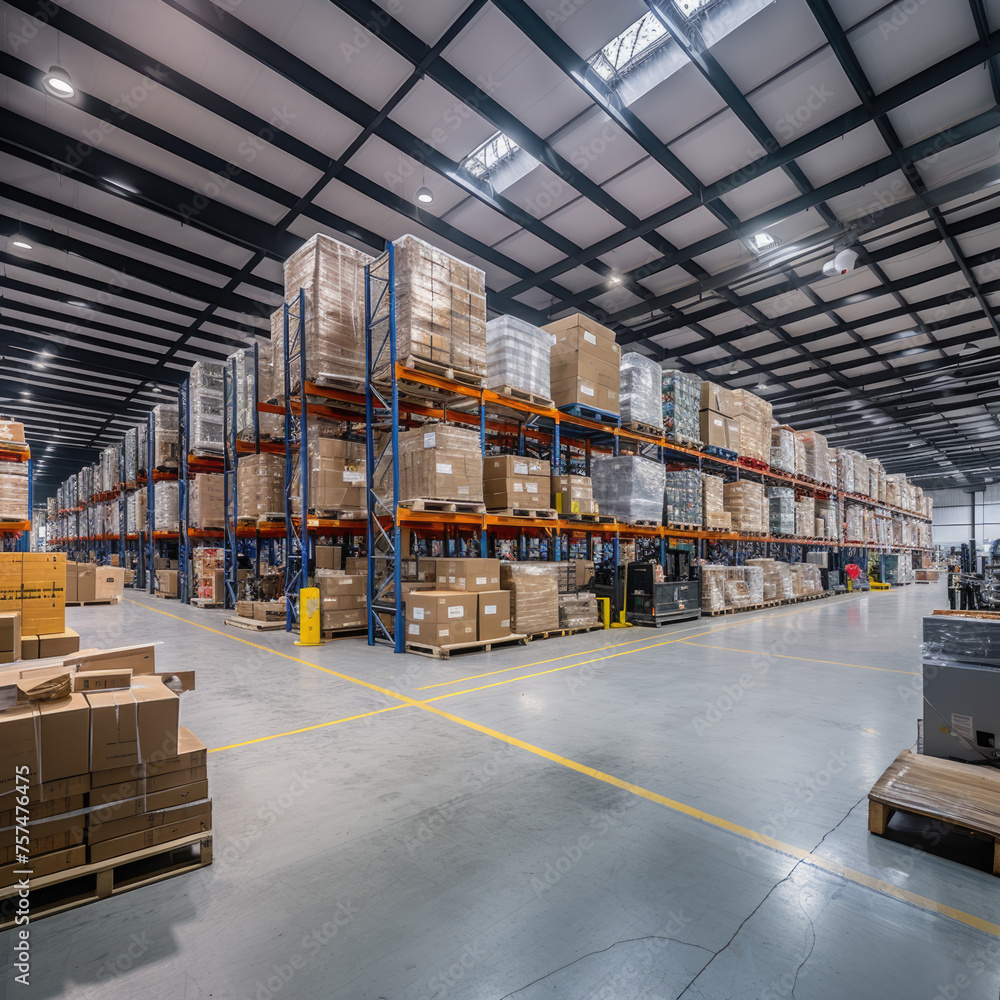 Interior of a large distribution warehouse with shelves and boxes Interior of a large distribution warehouse with shelves and boxes