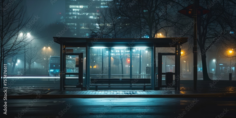 Empty bus stop on a foggy night with city lights Empty bus stop on a foggy night with city lights