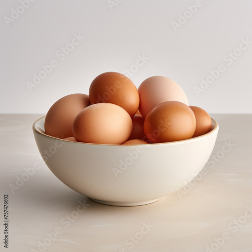 Bowl of farm fresh eggs on a kitchen table