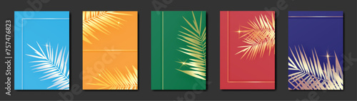 Set Card of gold tropical palms  colorful cover template layout set with palm foliage background  luxury spa  hotel  cards  invitation  salon and exotic floral design for wedding A4 banners 