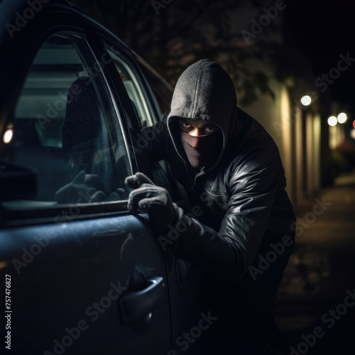 Thief breaking into a car to steal it at night photo