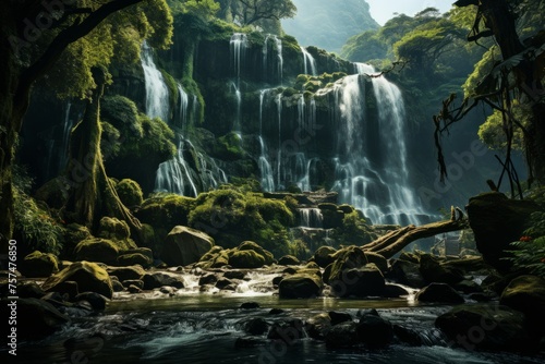 Waterfall in lush forest with river flowing through fluvial landscape