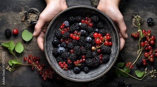 Fototapeta Naklejka Na Ścianę i Meble -  Hands represent a bowl of summer berries, a variety of fresh blackberries, red currants, healthy food selection, vintage style dishes.