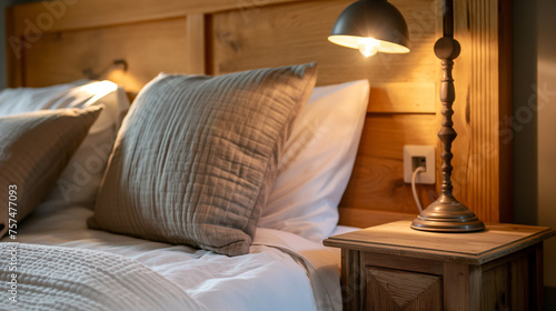 Mesa de cabeceira ao lado da cama com um abajur no estilo casa de fazenda  photo