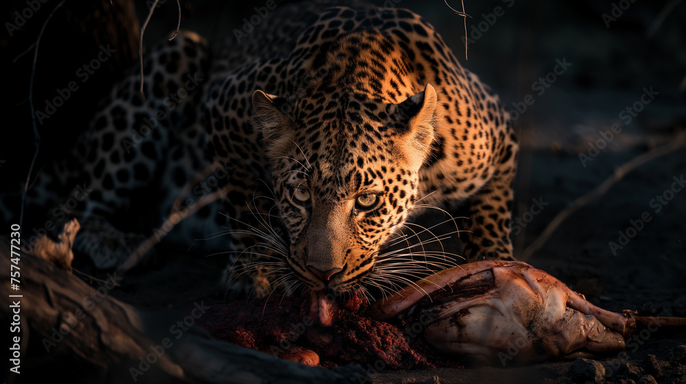 Leopardo comendo carne na natureza - Papel de parede - obrazy, fototapety, plakaty 