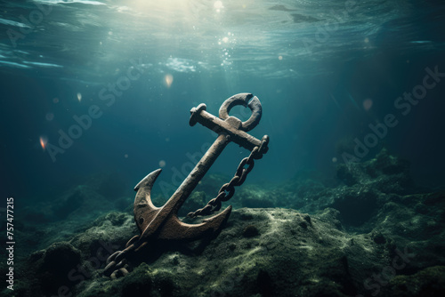 Boat ship anchor at the bottom of the sea