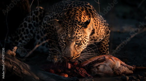 Leopardo comendo carne na natureza - Papel de parede
