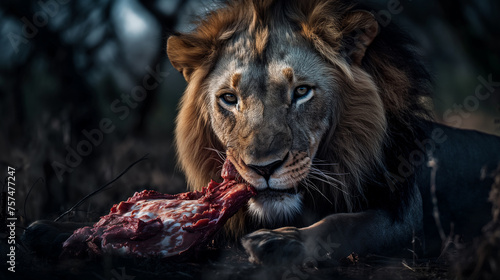 Leão comendo carne na natureza - Papel de parede