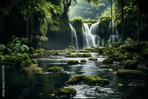 A waterfall cascades in a jungle river, enhancing the natural landscape