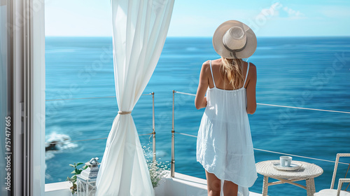 Beautiful elegant young woman enjoying the view of the blue sea photo