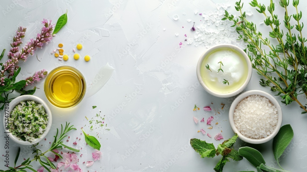 The process of making natural cosmetics from green plants and healing herbs on white stone backgroung. Generative ai. The process of making natural cosmetics from green plants and healing herbs on white stone backgroung. Generative ai.