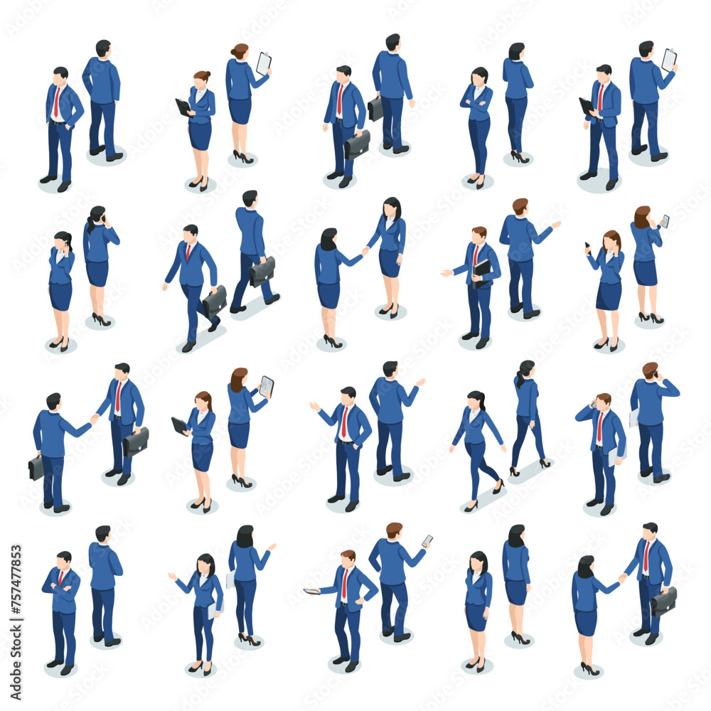 isometric vector set of business people in suits, in color on a white background, men and women with phones or tablets in different poses, office employees