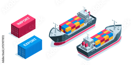 isometric cargo ship or tanker with containers, in color on a white background, water cargo transportation