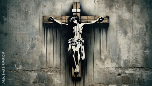 Jesus Christ on the cross. Cross on the wall. Graffiti style.