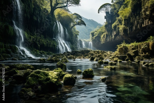 a river flowing through a lush green forest with a waterfall in the background
