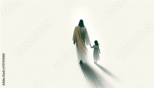 Jesus walking with a little girl on a neutral background. Rear view. Conceptual illustration. photo