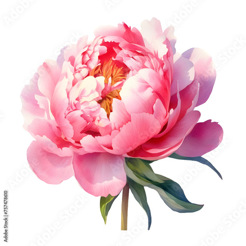 Beautiful Pink peony watercolor botanical PNG illustration isolated on transparent background.