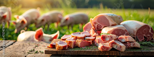 meat and lard on a wooden table on the background of a farm with a pig photo