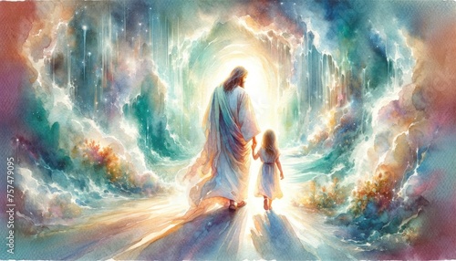 Digital painting of Jesus walking with a little girl towards light. Rear view.