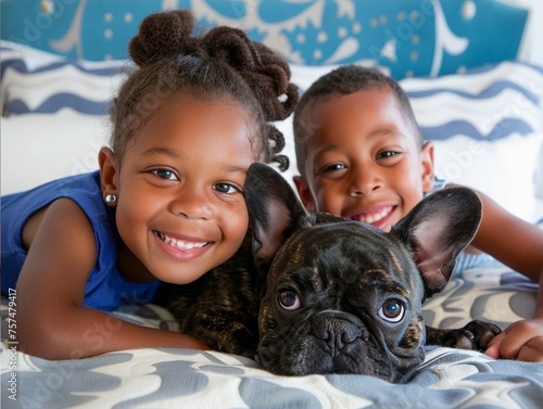 Stunning high resolution photo of a 5 year old African American girl, a 4 year old Caucasian boy and their beloved French bulldog fooling around in the bedroom.