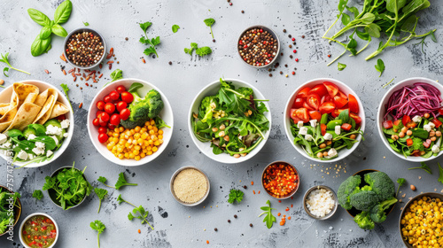 Overhead shot of diverse fresh salads with various dressings and toppings photo