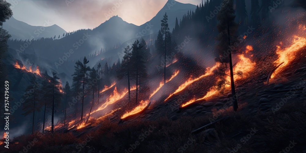 A wildfire is raging through the mountainous region, with dry grass and trees ablaze in the foreground. - obrazy, fototapety, plakaty 