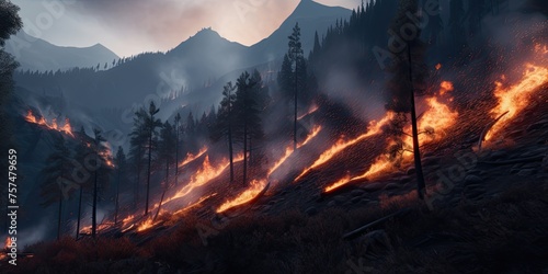A wildfire is raging through the mountainous region, with dry grass and trees ablaze in the foreground. photo