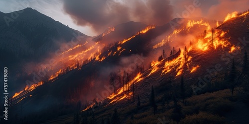 A wildfire is raging through the mountainous region  with dry grass and trees ablaze in the foreground.