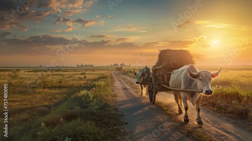 Amazing asian rural landscape with two white oxen pulling wooden cart with two  white oxen © Azad