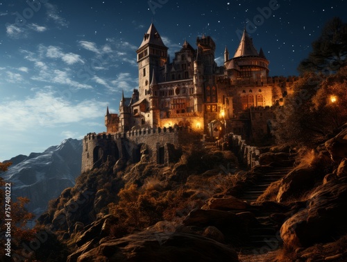 Castle on mountain top at night, overlooking city lights below