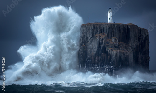 Giant water wave crashing into rock with lighthouse on top © IBEX.Media