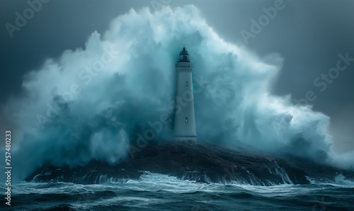 Huge wave crashing into Lighthouse In Stormy Landscape © IBEX.Media