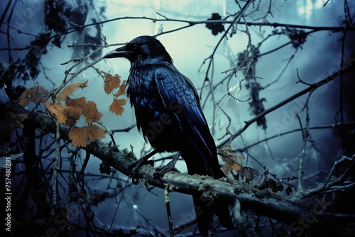 A black bird perched on the top of a tree branch, looking around.
