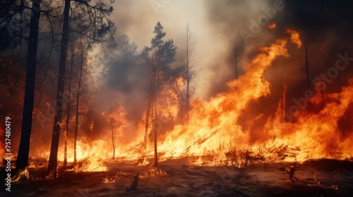 Forest ablaze: Trees engulfed in a fiery disaster, a stark image of environmental peril.