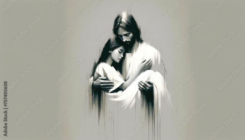 Young woman in white dress in the arms of Jesus. Digital illustration. - obrazy, fototapety, plakaty 
