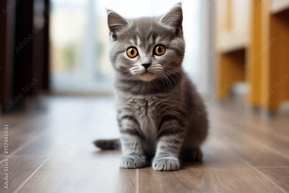 A small gray kitten with fluffy fur sits calmly on a wooden floor, looking curiously at its surroundings.
